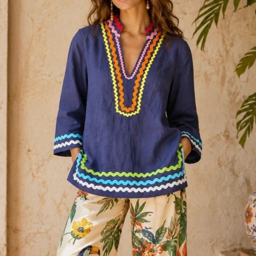 STS Sail to Sable Tunic Top Linen Rickrack Trim XS Navy Blue Coastal Resortwear